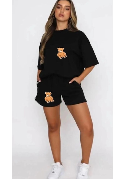 Hırsch Kadın Siyah Oversize Yazlık Ayıcık Baskılı Şort T-shirt Takım Koyu Siyah