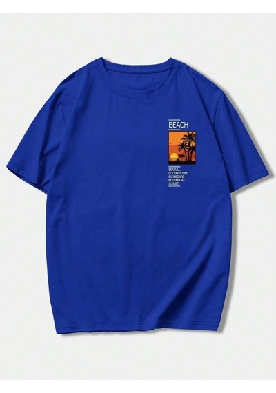 Beach Logo T-shirt - Lacivert Baskılı Oversize Bisiklet Yaka Kısa Kol Lacivert