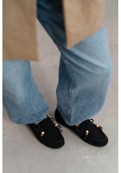 Giamgia Store Püsküllü Boncuk Detaylı Süet Makosen Loafer Ayakkabı-2364 Siyah