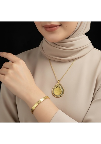 Damla Model Kolye Ve Ayetel Kürsi Bileklik Seti Gold Renk Çelik Takı Altın