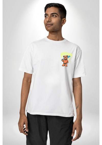 Sık Sık Mutlu Gülmek Teddy Bear Beyaz Oversize Unisex Ön Ve Sırt Baskılı Tişört Beyaz