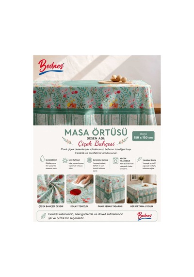 Çiçek Bahçesi Desenli Masa Örtüsü 150x150 Cm Leke Tutmaz Su Geçirmez Bej