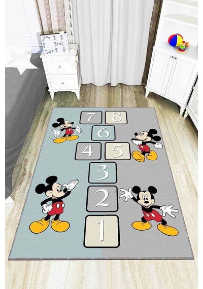 Turkuaz Kaymaz Tabanlı Yıkanır Miki Mouse Çocuk Halısı Ar791n11