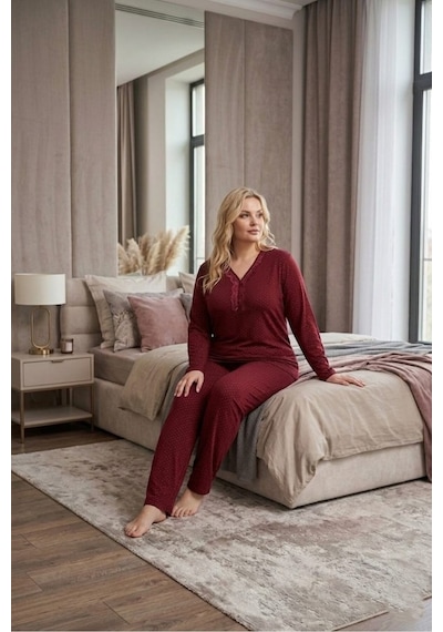 Eyfuze Kadın Büyük Beden Desenli Yakası Düğmeli Uzun Kollu Bambu Pijama Takımı Bordo