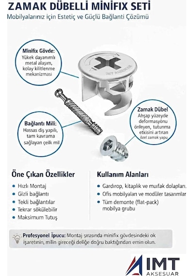 Tr İmt Aksesuar Zamak Metal Dübelli Minifix Gövde Mil Ve Dübel Seti - Mobilya Ve Dolap Bağlantı Elemanı 30 Takı Diğer