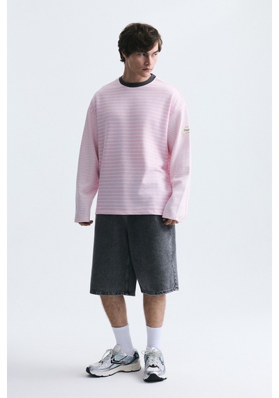 Vamos Kontrast Yaka Çizgili Sweatshirt Ekru-pembe