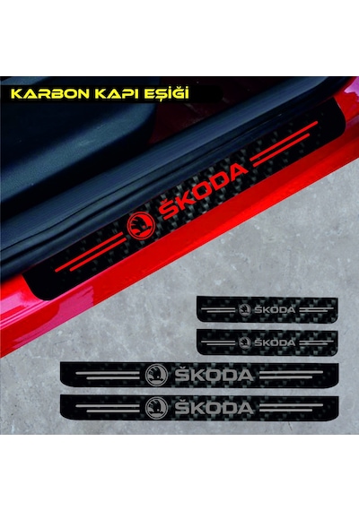 Skoda Kodiaq İçin Uyumlu Aksesuar Oto Kapı Eşiği Sticker Karbon 4 Adet Kırmızı