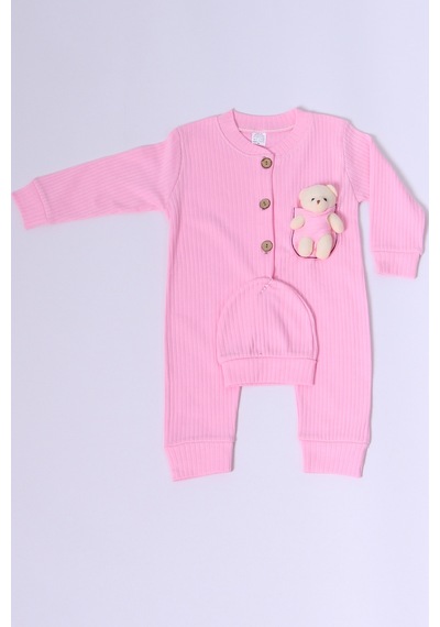 Hçm Bebek Tulum Şapka Hediyeli Düğmeli Ayıcık Detaylı C32 Pembe