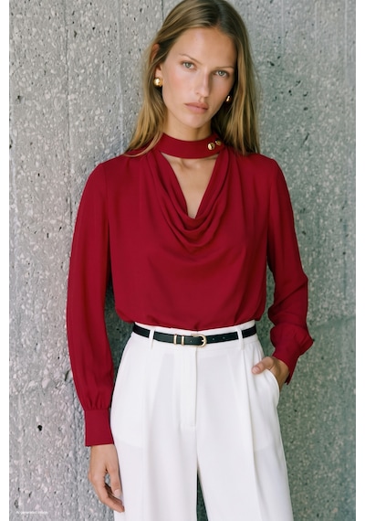 Sateen Degaje Yaka Bluz - Kırmızı-137920
