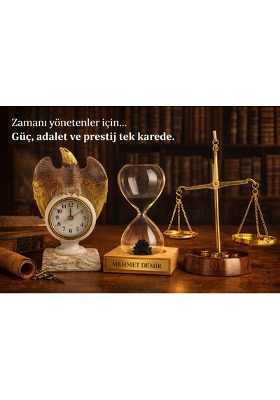 3 Lü Lüks Ofis Dekor Seti Masa Üstü Kartal Saat & Kişiye Özel İsimli Kum Saati & Adalet Terazi Seti