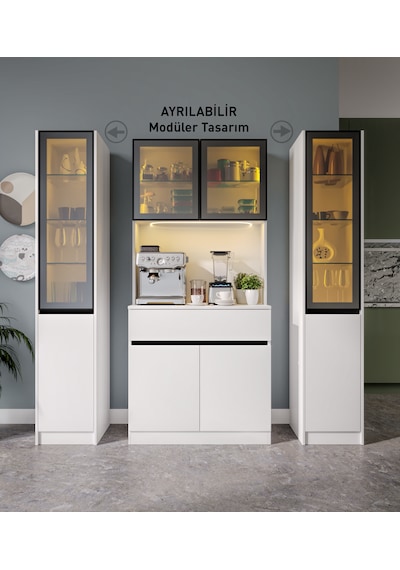 Lotus Maxi Kahve Köşesi Komple Mdf Led Aydınlatmalı Mutfak Kahve Dolabı Beyaz