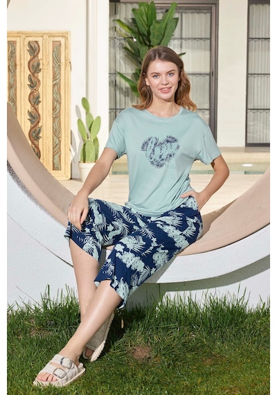 Aydoğan Kadın Pijama Takımı Kapri Kısa Kol Mavi