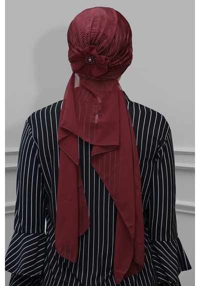Hürrem Bone Bordo Pratik Hazır Geçmeli Tesettür Bone Fukuro Piliseli Örgülü Ş Bordo