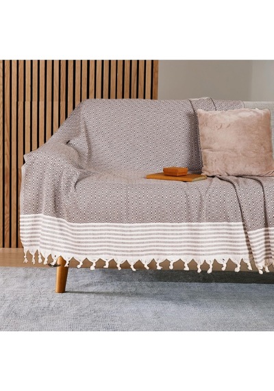 Buldan İşi Kaymaz Pamuklu Koltuk Örtüsü 170x210 Cm Koltuk Şalı Çekyat Kanepe Örtüsü Kahverengi Çok Renkli