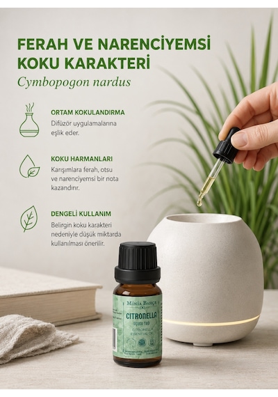 Minia Bahçe Bitki Ve Sanat Atölyesi Citronella Uçucu Yağı Saf ve Katkısız Bitkisel Uçucu Yağ 10 ML