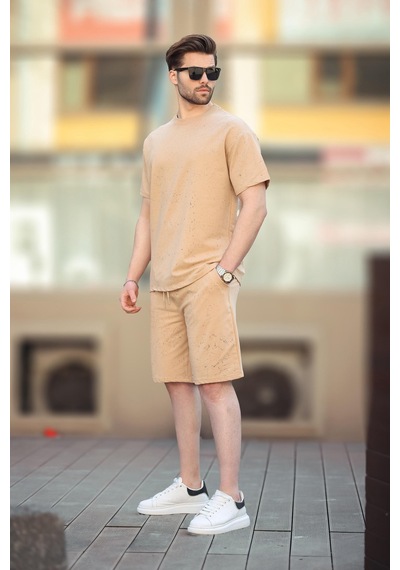 Madmext Bej Basic Erkek Şort T-shirt Takımı E7309