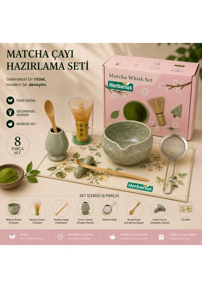 Herbarius 8 Parça Çiçek Desenli Benekli Adaçayı Yeşili Renk Matcha Çayı Hazırlama Seti - Geleneksel Japon Matcha Seti