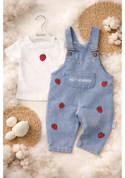 Aslin Store Çilek İşlemeli Cep Detaylı Kısa Kollu Kız Bebek Salopetli 2 Li Takım Beyaz Beyaz