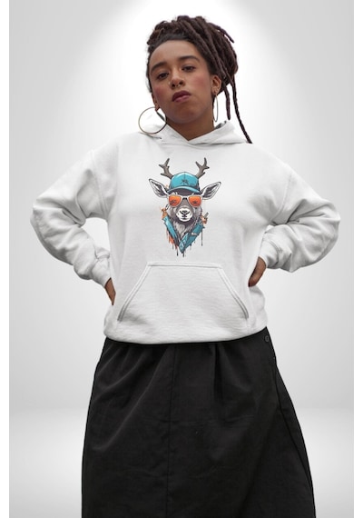 Güneş Gözlüğü Savaşcı Geyik Kadın Erkek Beyaz Kapüşonlu Sweatshirt Hoodie Beyaz