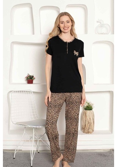 Monox Kadın Leopar Baskı Kısa Kol Uzun Alt Pijama Takımı Siyah