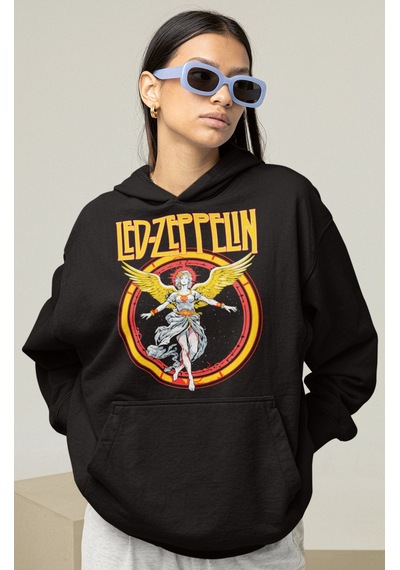 Sevbano Led Zeppelin Rock Metal Baskılı Unisex Oversize Müzik Grubu Hoodi Siyah