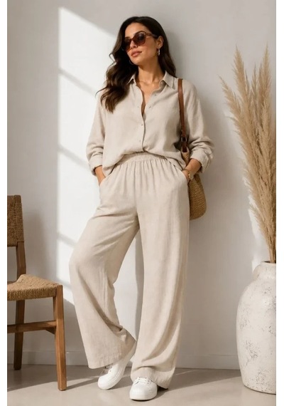 DefyModa Sofya Keten Gömlek Pantolon Alt Üst Takım Uzun Kollu - Krem