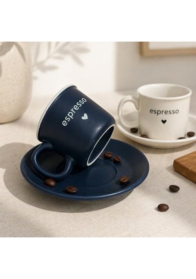 Espresso Fincan Takımı, Porselen, Lacivert Ve Krem Rengi, Fincan Ve Tabak Seti, 2'li Lacivert - Bej Diğer