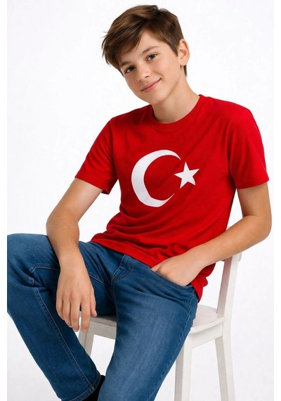 Wear Vexel Erkek Çocuk Tişört Bisiklet Yaka Ay Yıldız Bayrak Baskılı T-shirt - Kırmızı Çok Renkli