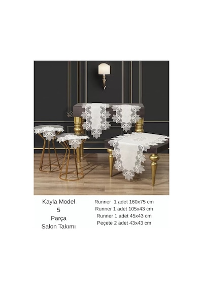 Salon Takımı Çeyizlik Kayla Model Krem-gümüş 5 Parça Keten Dantelli Runner Seti Çok Renkli