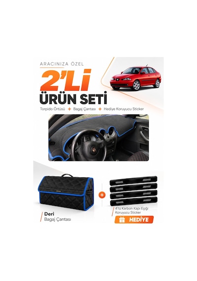Seat Cordoba 2001-2008 Uyumlu Torpido Örtüsü + Deri Bagaj Çantası + Sticker Seti - Siyah Mavi