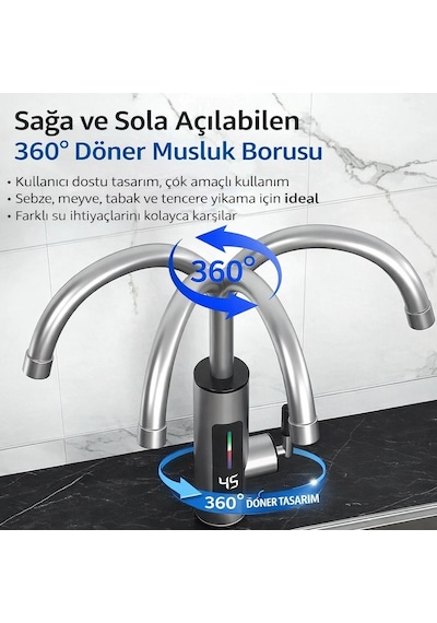 Dailytech 3000w Elektrikli Anında Su Isıtmalı Musluk Dijital Sıcaklık Göstergeli 360 Döner Çok Renkli