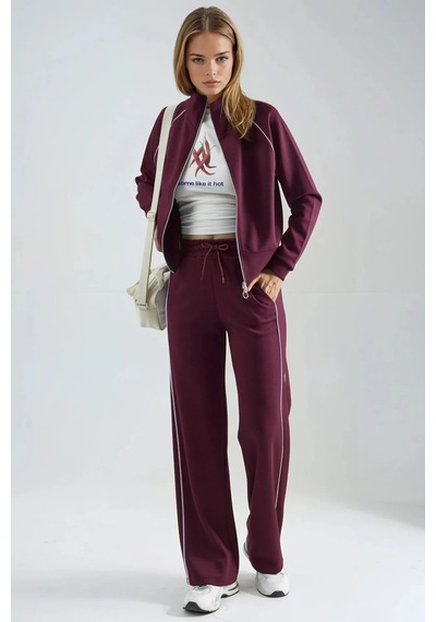Fiolin Modal Dokulu Fermuarlı Sweatshirt & Pantolon İkili Takım Bordo