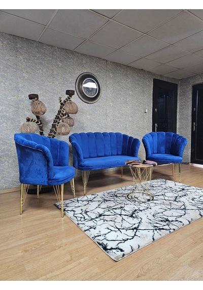 Zafir Gold Kaplama Tel Ayak Papatya Çay Seti Koltuk Takımı , Balkon, Salon, Ofis, Cafe Koltuk Takımı Mavi