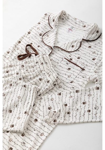 Nisanca Uzun Kol Gömlek Yaka Kadın Pinterest Pijama Takımı - Mevsimlik Kadın Pijama- Geniş Beden Aralığı Kahve
