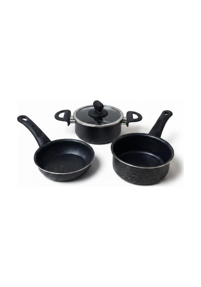 Granit Görünümlü 4 Parça Mini Tencere Tava Seti 14 Cm Çap 3 Tencere 1 Kapak Siyah