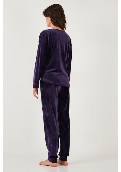 Lela Regular Fit Yumuşak Dokulu Kadife Bayan Pijama Takımı 6094200W4 Koyu Mor