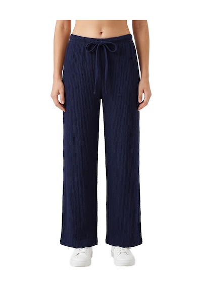 Cottonill Premium - Tide Collection Lacivert Bağcıklı Bürümcük Dokulu Bol Paça Kadın Pantolon