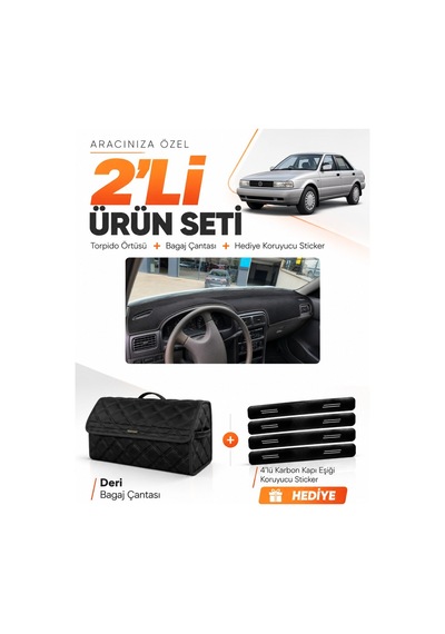 Nissan Sunny 1990-1995 Uyumlu Torpido Örtüsü + Deri Bagaj Çantası + Sticker Seti - Siyah