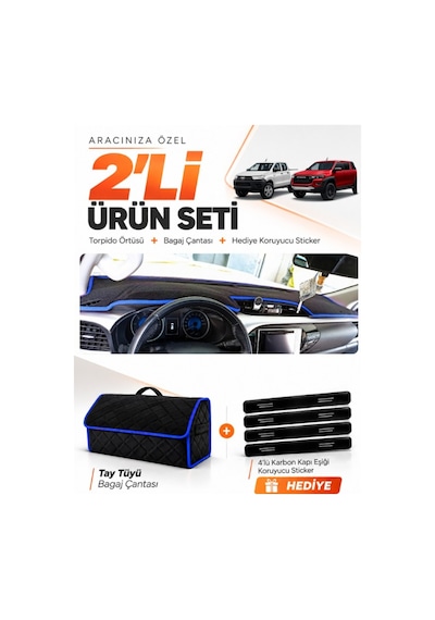 E-biz Toyota Hilux 2016-2025 Uyumlu Torpido Örtüsü + Tay Tüyü Bagaj Çantası - Siyah-mavi - To019