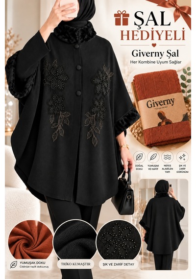 Genel Markalar Novea Scarf Şal Hediyeli Kürklü Triko Panço Siyah - 942742397 Siyah
