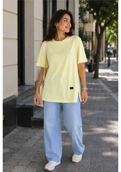 Tenra Kadın Basic Oversize Tişört Bisiklet Yaka Uzun Boy Yırtmaçlı Lazer Kesim %100 Pamuk Sarı Tenra Kadın Basic Oversize Tişört Bisiklet Yaka Uzun Boy Yırtmaçlı Lazer Kesim %100 Pamuk Sarı
