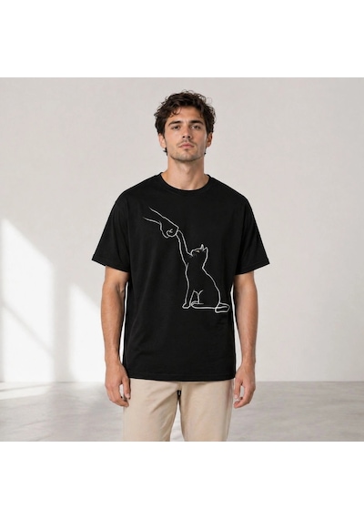Barlashive Erkek Minimal Kedi Çizim Baskılı Tişört Kısa Kol Yazlık T-shirt - Siyah Çok Renkli