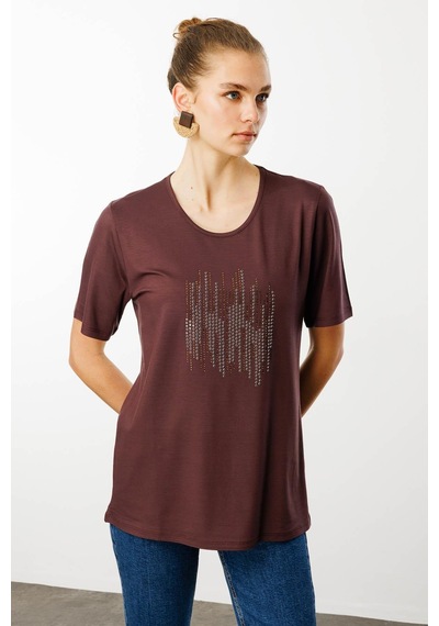 Desen Kadın Sıfır Yaka Taş Baskılı Penye T-shirt Desen Kadın Sıfır Yaka Taş Baskılı Penye T-shirt