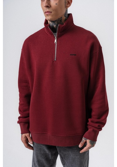 Erkek Respire Yazı Detaylı Yarım Fermuarlı Basic Sweatshirt Bordo