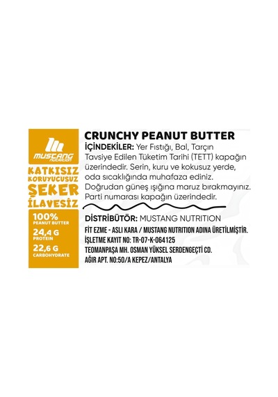 Mustang Nutrition Ballı Tarçınlı Crunchy Fıstık Ezmesi 350 Gr 24,40 Gr Protein + 40 Gr Fıstık Ezmesi Hediyeli