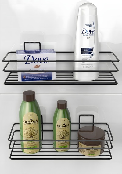 Karteya Yapışkanlı Siyah Banyo Düzenleyici Banyo Aksesuar Şampuanlık Duşakabin Rafı Askılık 2 Li Set Siyah