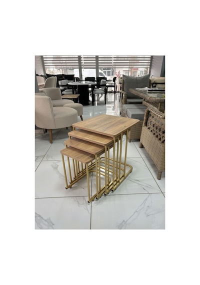4 Lü Tekerlekli Sehpa Eskitme Gold - Çam Çok Renkli