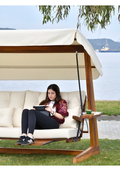Luna Deluxe 2600 Iroko Beş Kişilik Ahşap Bahçe Salıncağı Krem