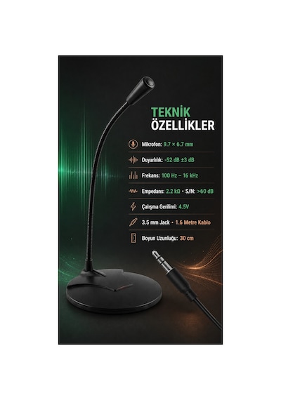 Gürültü Azaltıcı Siyah Masaüstü Bilgisayar Mikrofonu 3.5 Mm Jack Esnek Boyunlu Oyun Toplantı Çoklu Kullanım