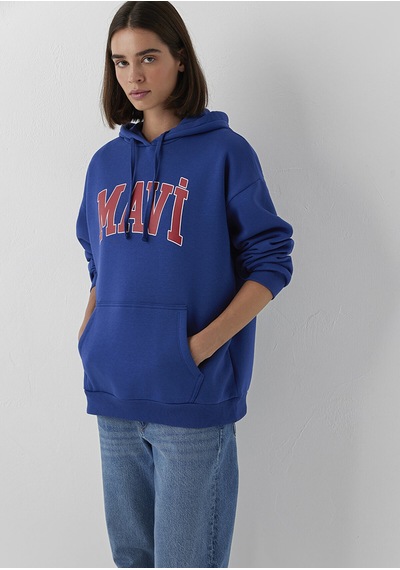 Mavı Logo Kapüsonlu Sweatshırt Derin Lac Mavi